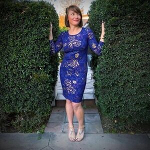 Lularoe Elegant Debbie Gold Metallic Floral Print Pencil Sheath Dress Blue Small